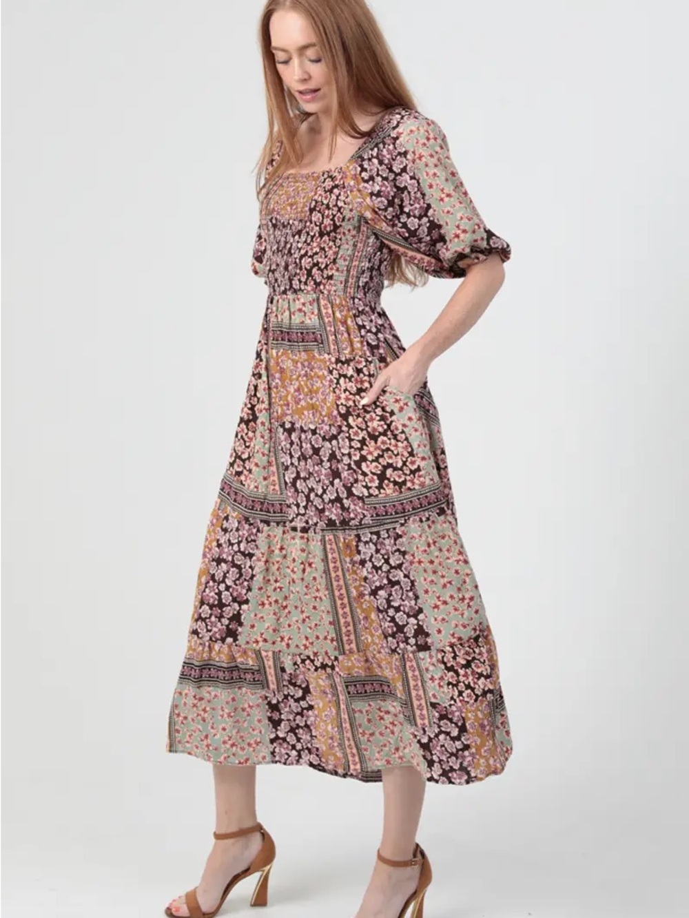 Angie Puff Sleeve Smocked Top Multi Floral Patchwork Midi Dress